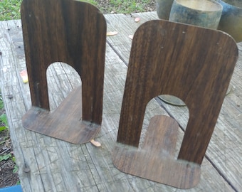 Vintage Metal Bookends-Faux Bois-Woodgrain 1960s library bookends mid Century mod