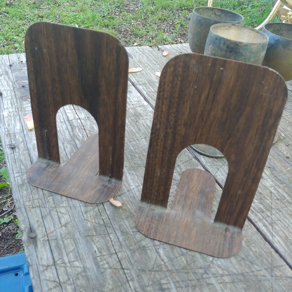 Vintage Metal Bookends-Faux Bois-Woodgrain 1960s library bookends mid Century mod