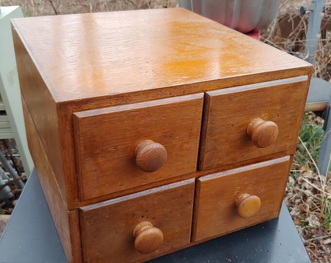 Antique Oak Wood Library Card File BOX Old Vtg Dovetailed Kitchen