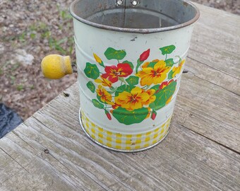 Vintage Metal Flour Sifter with Hand Crank, Flower Design, Farmhouse Kitchen, 1950s