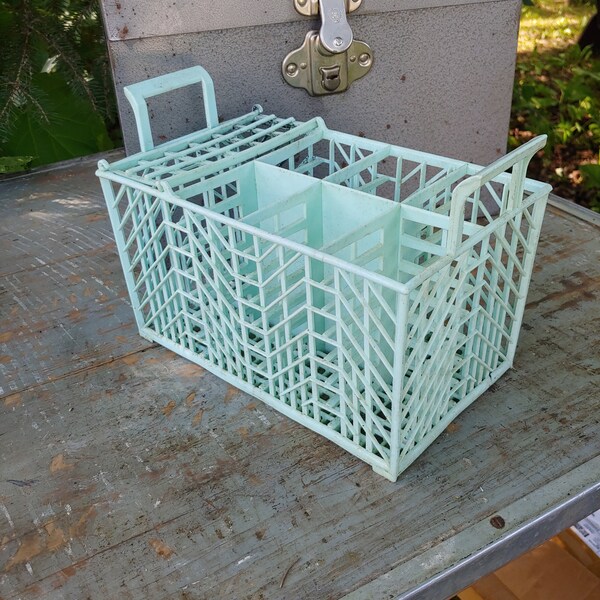 Vintage utensil holder blue turquoise plastic dish washer retro caddy decor mod replacement repurpose