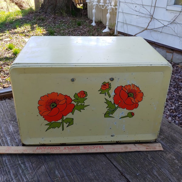 Vintage Ransburg Mid-Century light yellow red Floral rose 1950s Metal Bread Box Pie Cooler