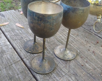 Vintage Brass Goblet Chalices set of 3