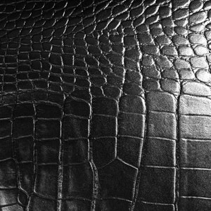 May include: A black material featuring a raised, embossed texture that mimics the appearance of crocodile skin. The surface displays a repeating pattern of irregular, rectangular scales with a glossy finish that reflects light across the ridges.