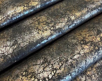 Metallic Crackle Leather Hide, Black Gold Bronze Genuine Soft Craft Sheet