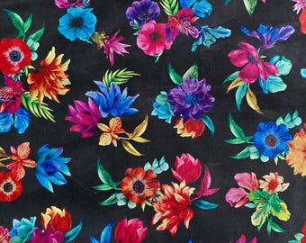 Floral Printed Velour Cowhide Leather: Black Background, DIY Crafts