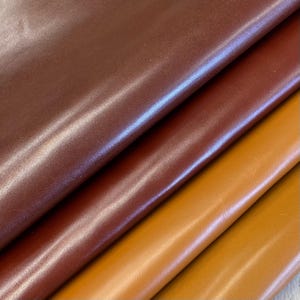 May include: Close-up of four pieces of leather in shades of brown and tan. The leather has a smooth, shiny surface, with visible folds and creases. The colours range from a deep reddish-brown to a light tan.
