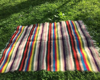 Sheep Woven Striped Rug, Colorful Area Carpet, Boho Floor Decor, Living Room Handmade Rug, Wool Blend, Wool Striped Rug, Handmade Wool Rug