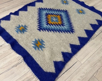 Geometrical Wool Lizhnyk Blanket, Blue Hutsul Bedspread