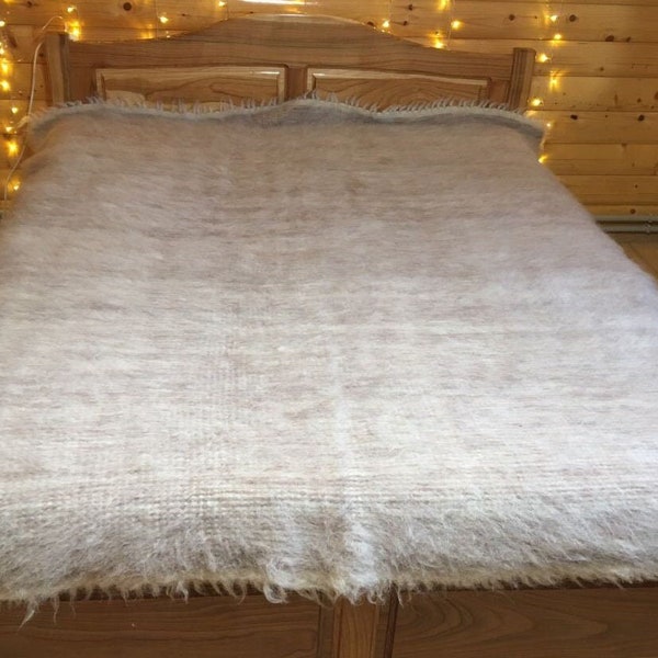 Coperta in lana organica, tappeto beige fatto a mano, plaid in lana di pecora naturale, accento di arredamento per la casa, coperta di lana calda, coperta in lana organica