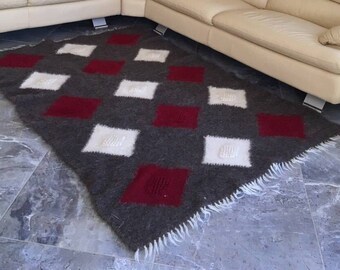 Coperta in lana dei Carpazi Queen Size, copriletto ucraino Hutsul, stile geometrico tiro, arte tessile di lana, biancheria da letto arredamento in lana di pecora
