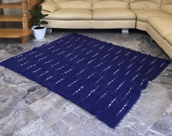Cozy Royal Blue Wool Throw Blanket, Chunky Knit Wool Blanket for Sofa or Bad, Blue Wool Blanket Throw for Beds, Handwoven Organic Blanket