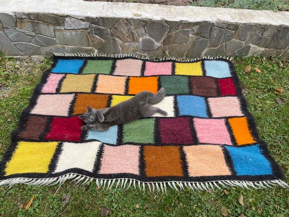 Handwoven Wool Rug, Colourful Rug, Unique Floor Covering, Artisan Crafted Rug, Ethnic Design Rug, Cozy Home Accents, Wool Rug, Multicolor