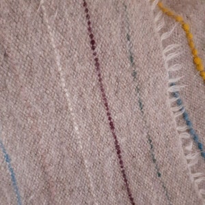 May include: A close-up of a woven throw blanket with a diagonal pattern of colourful stripes. The stripes are a light blue, dark blue, burgundy, and yellow.