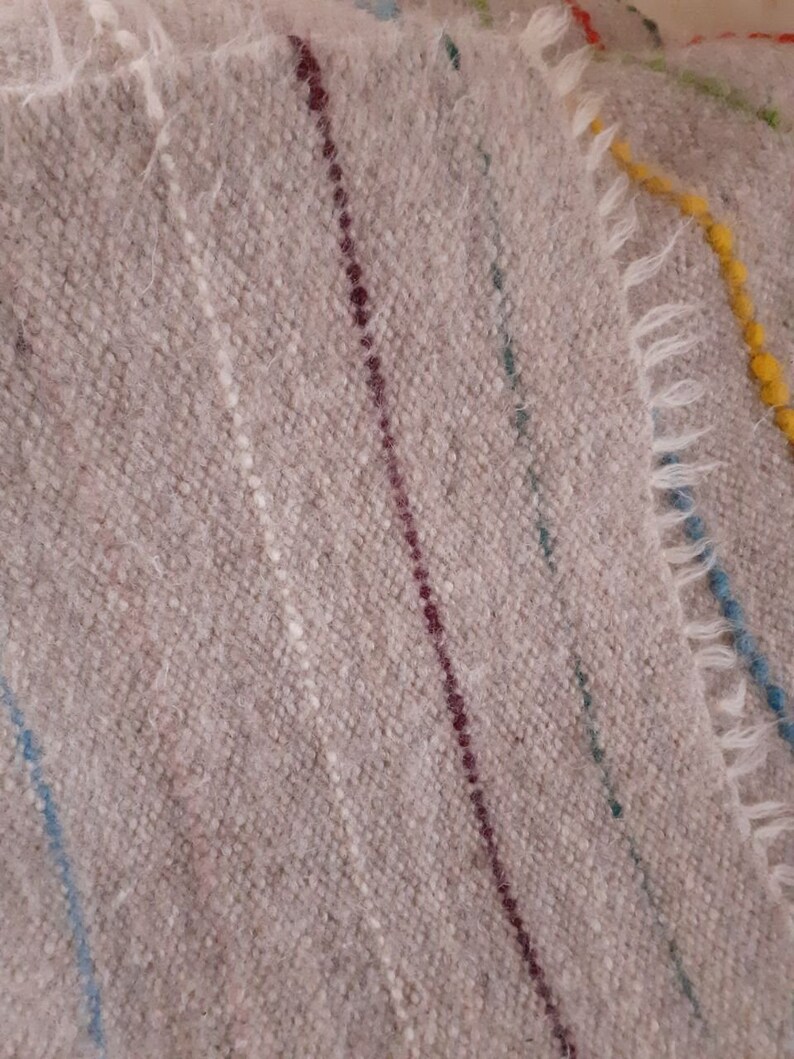 May include: A close-up of a woven throw blanket with a diagonal pattern of colourful stripes. The stripes are a light blue, dark blue, burgundy, and yellow.