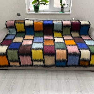 Tęczowy wełniany dywan, boho chic do Twojego salonu, geometryczny wzór wełnianego dywanu, naturalny wełniany dywan na Twoją sofę lub łóżko, kwadratowy dywan mozaikowy