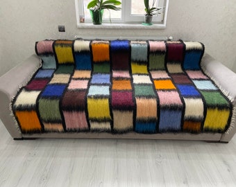 Rainbow Wool Rug, Boho Chic for Your Living Room, Geometric Pattern Wool Rug, Natural Wool Rug for Your Sofa or Bed, Mosaic Square Rug