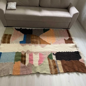 Organic Wool Blanket Throw, Handmade Beige Area Rug, Natural Sheep Wool Plaid, Home Decor Accent, Warm Wool Blanket, Organic Wool Throw