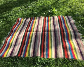 Geometric Floor Wool Mat, Colorful Area Carpet, Boho Floor Decor, Living Room Handmade Rug, Wool Blend, Wool Striped Rug, Handmade Wool Rug