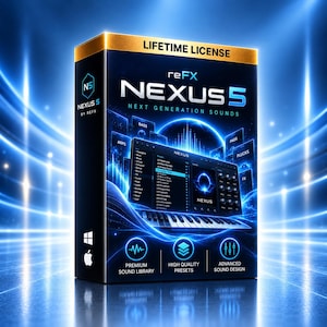 May include: A rectangular software box for reFX Nexus 5 featuring a black and blue design with the text Lifetime License, Nexus 5 Next Generation Sounds, Premium Sound Library, High Quality Presets, and Advanced Sound Design with icons.