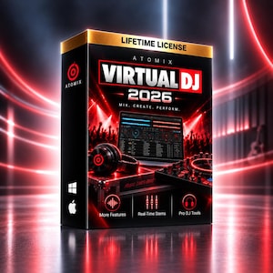 May include: A black rectangular software box for Virtual DJ 2026 with a gold top border labeled Lifetime License. The front features a DJ console, headphones, and the text Mix. Create. Perform. along with icons for More Features, Real-Time Stems, and Pro DJ Tools.