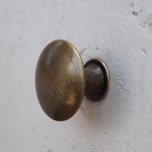 Op de afbeelding: Een ovaalvormige, antieke messing kastknop. De knop heeft een afgerond, glad oppervlak en een kleine, cirkelvormige basis. De hardware is gemonteerd op een wit, getextureerd oppervlak. De knop heeft een warme, metallic kleur.