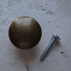 May include: A round, antique brass cabinet knob with a matching screw. The knob has a slightly domed shape and a textured surface. The screw is silver-coloured with a flat head.