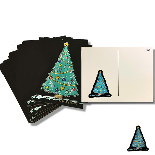 Post crossing original artwork postcard Christmas tree - with matching sticker - holiday 2023 Xmas postcard, glossy quality (1) One Postcard