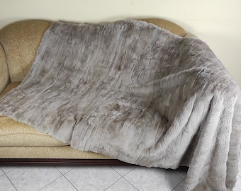 Real Gray Rex Rabbit Fur Blanket Throw • Personalized Housewarming Gift Sofa Cover n Bedspread •  Handmade Genuine Fur