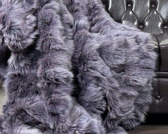 Fox fur real throw blanket purple, luxurious bedspread & fox fur rug for living room and bed decor