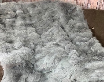 Real Grey Fur Blanket • Personalized Fox Fur Blanket Throw • Handmade Genuine Fur Blanket • Fur Bedspread n Sofa Cover