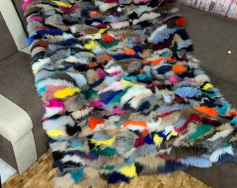 Real Colorful Fur Blanket • Personalized Fox Fur Blanket Throw • Handmade Genuine Fur Blanket • Fur Bedspread n Sofa Cover