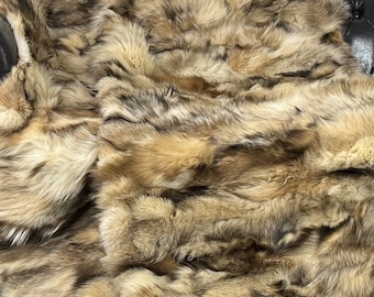 Real fox fur throw blanket with soft beige pattern, elegant bedspread & fox fur rug for living room and bedroom design