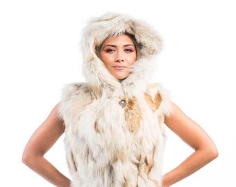 Elegant Golden Fox Fur Vest Hooded - Luxurious Winter Coat - Handcrafted Elegant Outerwear - Ethically and Organically Farmed Fox Fur