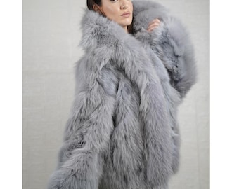Stylish fox fur gray coat jacket with collar for women personalized winter fashion