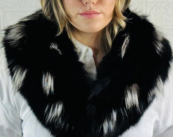 Black fox fur collar scarf with white detailing real fur stole luxurious fur wrap and shawl