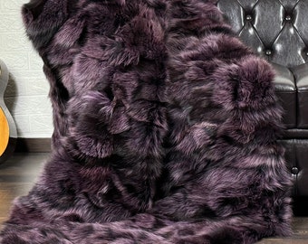 Luxurious fox fur real throw blanket purple, plush bedspread & fox fur rug for living room and bed decor