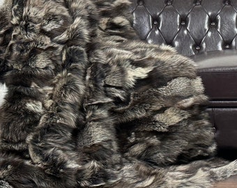 Fox fur throw blanket brown with beige, offering a luxurious bedspread and rug for sophisticated living room and bedroom housewarming decor