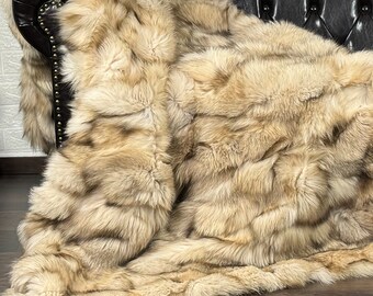 Gorgeous fox fur throw blanket in natural beige, real bedspread & fox fur rug for living room and bedroom style, housewarming decor