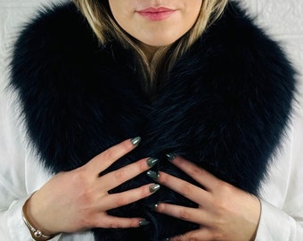 Gorgeous fox fur collar scarf dark blue, handmade warm fur stole, elegant soft fur shawl