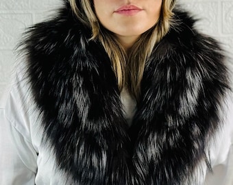Gorgeous fluffy silver fox fur collar scarf, handmade warm fur stole, elegant soft fur shawl