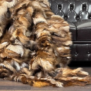 Fox fur real throw blanket natural crystal, elegant bedspread & fox fur rug for living room and bedroom decor