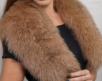 LUXURIOUS Camel brown fox fur collar scarf, handmade warm fur stole, elegant soft fur shawl
