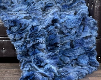 Blue fox fur blanket throw warm luxurious living room real fox fur rug ethically farmed fox fur