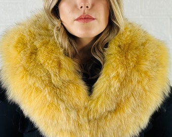 Handmade soft fox fur collar scarf yellow, elegant fluffy fur shawl, luxury warm fur stole