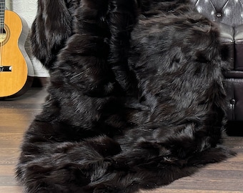 Luxurious fox fur real throw blanket brown, plush bedspread & fox fur rug for living room and bed decor, housewarming gift