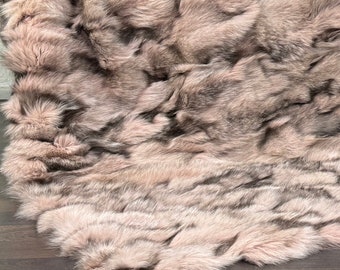 Unique fox fur throw blanket in pink with black detailing, luxurious bedspread & fox fur rug for living room and bedroom style housewarming