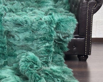Fox fur real throw blanket green luxurious bedspread fox fur rug for living room and bed decor