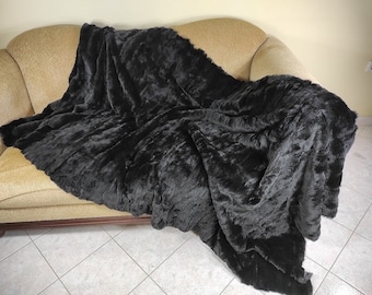 Real Rabbit Fur Blanket Throw Black • Personalized Handmade Fur Sofa Cover n Bedspread • Vintage Rabbit fur Throw Blanket