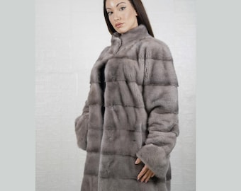 ELEGANT Real Natural Gray Mink Pelt Fur LONG Coat with Collar for Women • Personalized Mink Fur Jacket • Timeless Style and Elegance